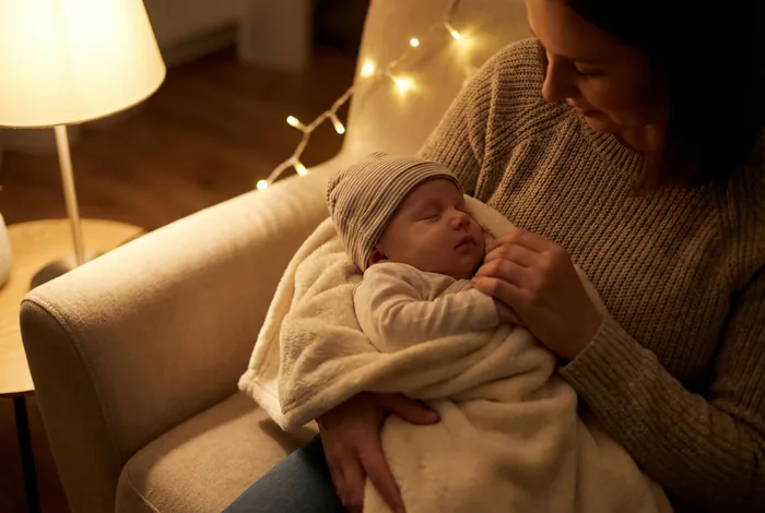 Bébé 2 mois ne s'endort pas avant minuit : que faire ? - Sommeil : 4 étapes pour coucher bébé avant minuit - Bébé ne dort pas avant minuit ? Guide et solutions Nourrisson de 2 mois apaisé dans les bras de son parent la nuit.