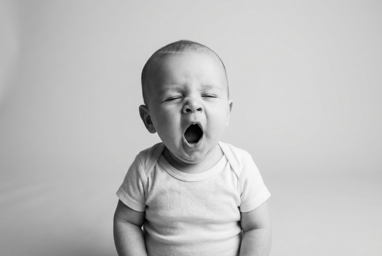 Pourquoi bébé est fatigué après la nounou ? Portrait minimaliste d'un bébé qui bâille, symbole de la fatigue infantile.