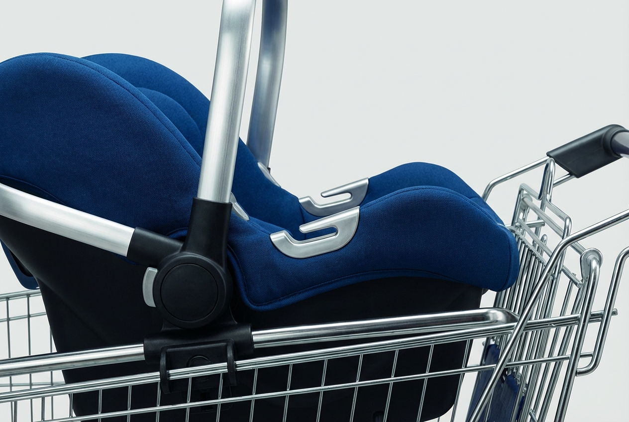 Installer un cosy dans un caddie : Guide de sécurité Gros plan d'un cosy bébé coloré fixé sur la structure métallique d'un caddie.